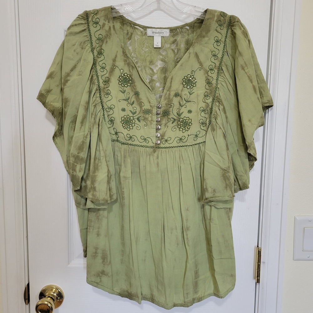 Dressbarn Sage Green Tie Dye Embroidered Lace Back Flutter Sleeve Blouse Medium